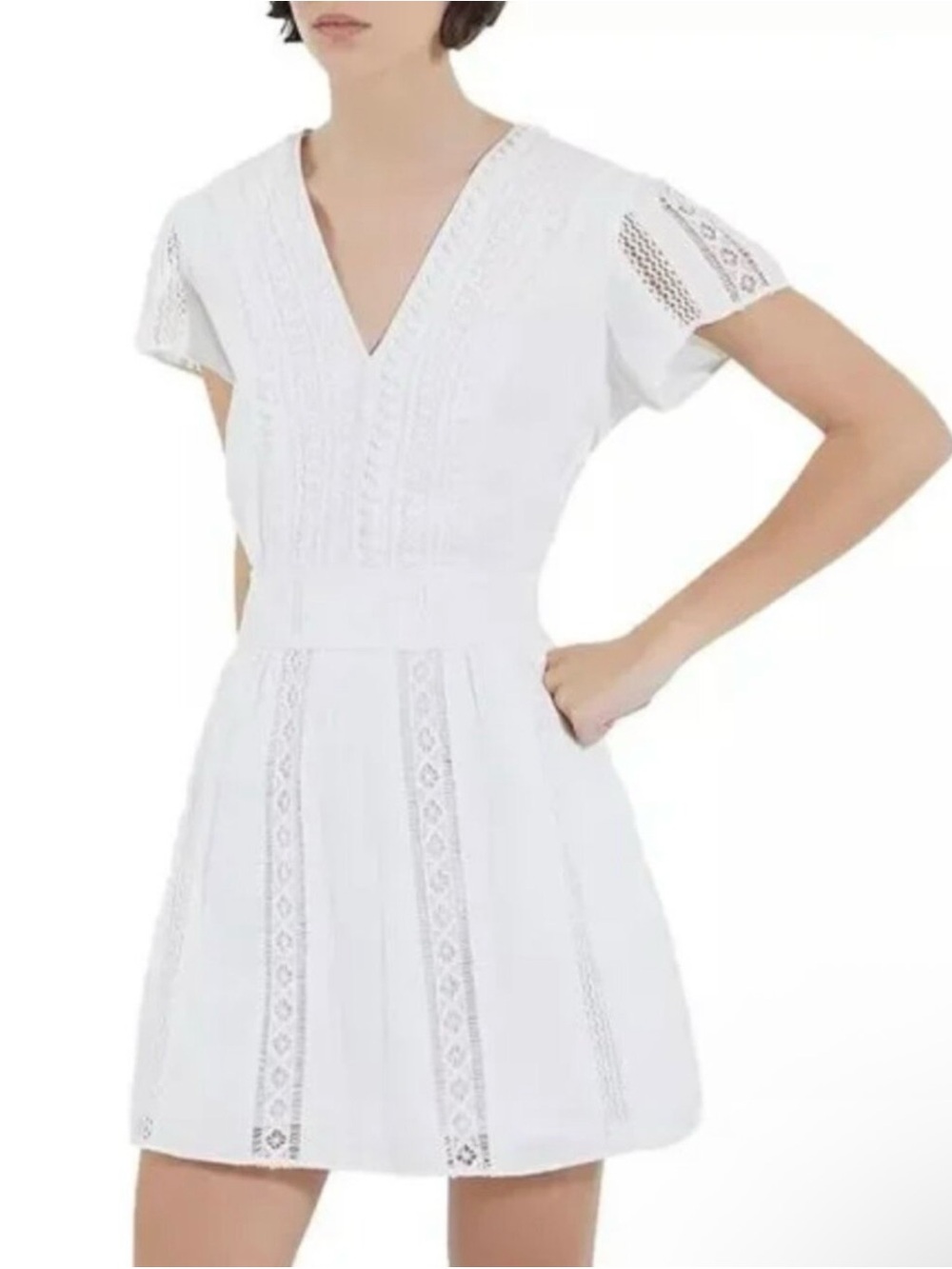 NWT The Kooples English Embroider V-Neck White Lace-Panel Short SleeveMini Dress